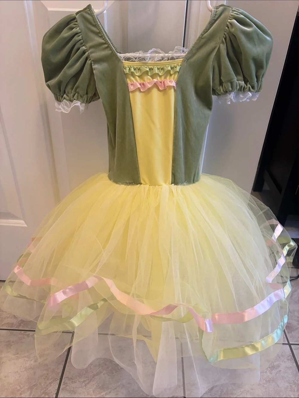 Revolution Green and Yellow Tulle Princess Dance Costume with Pink Trim